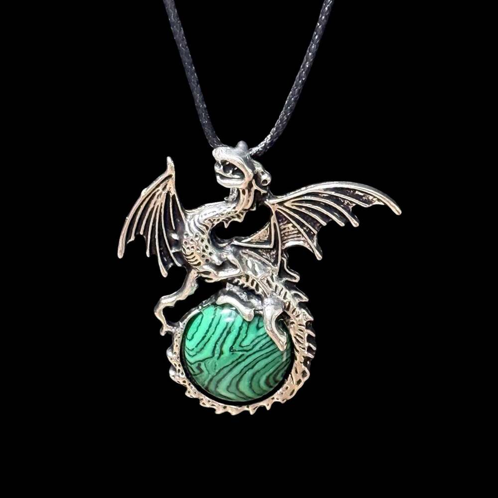 Malachite Dragon Pendant Black Cord Necklace